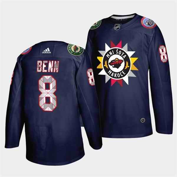 Men's Minnesota Wild #8 Jordie Benn 2021/22 Navy Native American Heritage Day Stitched Jersey