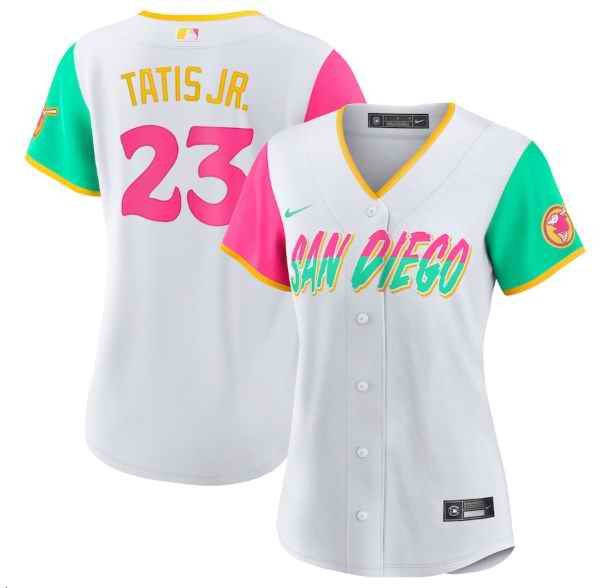 Women's San Diego Padres #23 Fernando Tatis Jr. 2022 White City Connect Cool Base Stitched Baseball Jersey(Run Small)