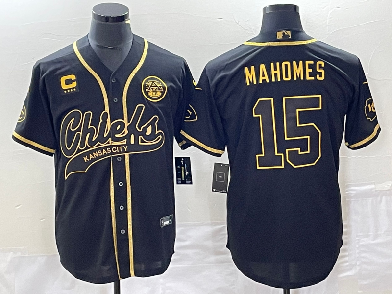 Men's Kansas City Chiefs #15 Patrick Mahomes Black Gold With 4-star C Patch Cool Bae Stitched Baseball Jersey