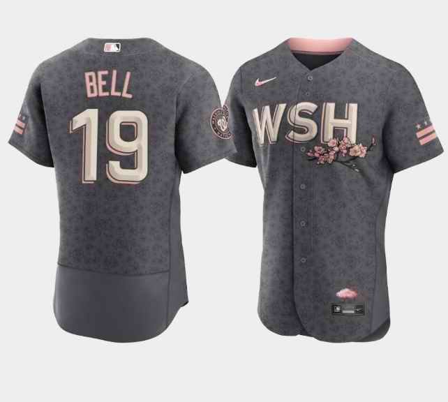 Men's Washington Nationals #19 Josh Bell 2022 Grey City Connect Cherry Blossom Flex Base Stitched MLB Jersey