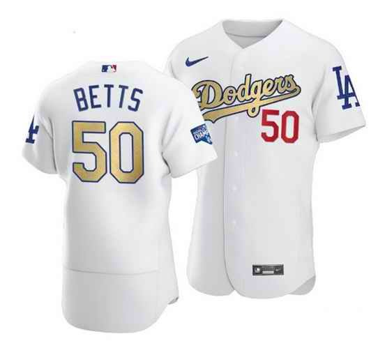 Women's Los Angeles Dodgers #50 Mookie Betts 2020 White Gold World Series Champions Patch Sttiched Baseball Jersey(Run Small)