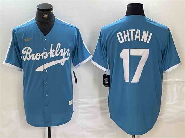 Men's Los Angeles Dodgers #17 Shohei Ohtani Light Blue Throwback Cool Base Stitched Baseball Jersey