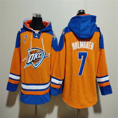 Men's Oklahoma City Thunder #7 Chet Holmgren Orange/Blue Lace-Up Pullover Hoodie