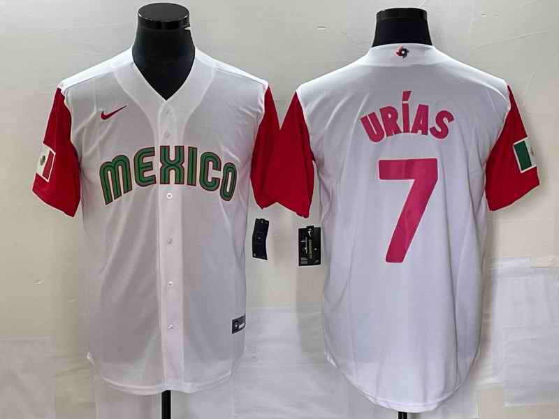 Men's Mexico Baseball #7 Julio Ur'as 2023 White Red World Baseball With Patch Classic Stitched Jersey