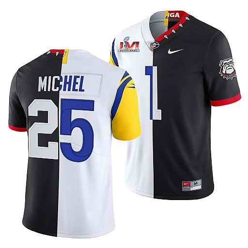 Men's Los Angeles Rams X Georgia Bulldogs #25 Sony Michel Black/White Split Super Bowl LVI Stitched Jersey