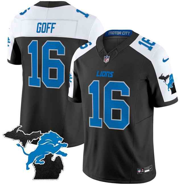 Men's Detroit Lions #16 Jared Goff Black/White F.U.S.E. 2024 Michigan Patch Vapor Limited Stitched Jersey