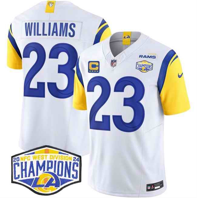 Men's Los Angeles Rams #23 Kyren Williams White 2024 NFC West Champions With 4-Star C Patch F.U.S.E. Vapor Untouchable Stitched Football Jersey