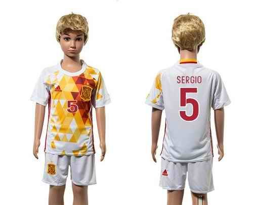 Spain #5 Sergio White Away Kid Soccer Country Jersey