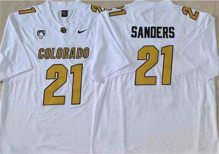 Men's Colorado Buffaloes #21 Shilo Sanders White 2023 With PAC-12 Patch Stitched Football Jersey