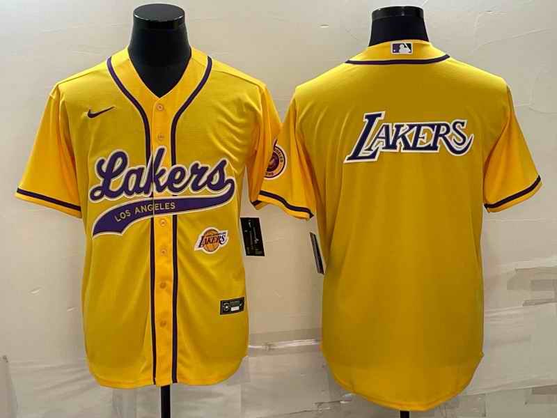 Men's Los Angeles Lakers Yellow Big Logo With Patch Cool Base Stitched Baseball Jersey