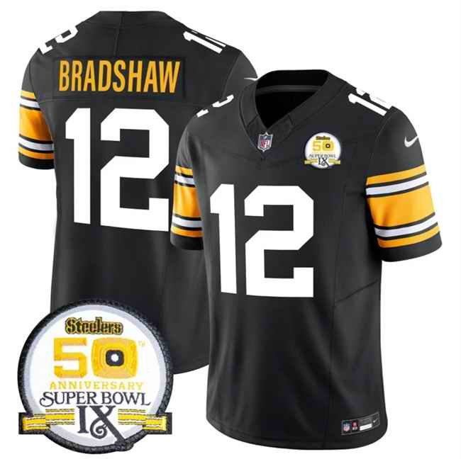 Men's Pittsburgh Steelers #12 Terry Bradshaw Black 2024 F.U.S.E. 50th Anniversary Of Super Bowl IX Vapor Untouchable Limited Stitched Jersey