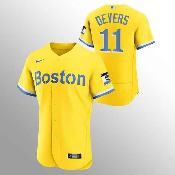 Men's Boston Red Sox #11 Rafael Devers Gold 2021 City Connect Flex base Stitched Jersey