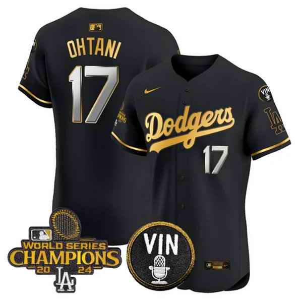 Men's Los Angeles Dodgers #17 Shohei Ohtani Black/Gold 2024 World Series Champions With Vin Patch Vapor Limited Stitched Baseball Jersey