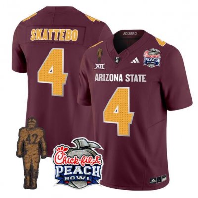 Men's Arizona State Sun Devils #4 Cam Skattebo 2024 F.U.S.E. Maroon Pat Tillman & Peach Bowl Patch Vapor Limited Stitched Jersey