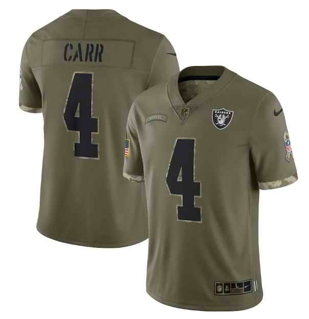 Men's Las Vegas Raiders #4 Derek Carr Olive 2022 Salute To Service Limited Stitched Jersey