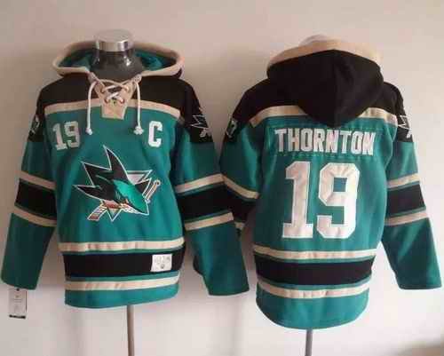 Sharks #19 Joe Thornton Teal Sawyer Hooded Sweatshirt Stitched NHL Jersey