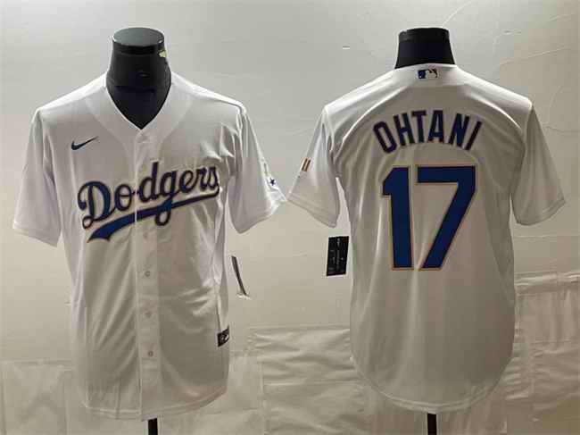 Men's Los Angeles Dodgers #17 Shohei Ohtani White/Gold Cool Base With Patch Stitched Baseball Jersey