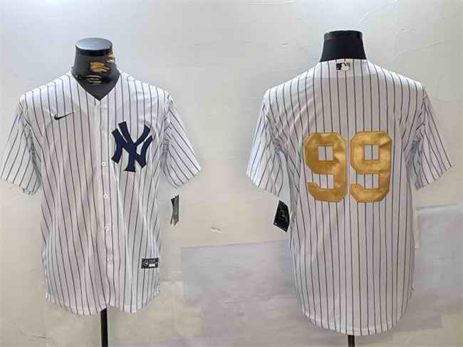 Men's New York Yankees #99 Aaron Judge White/Gold Cool Base Stitched Baseball Jersey