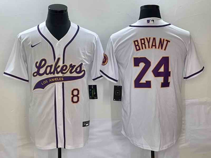 Men's Los Angeles Lakers Front #8 Back #24 Kobe Bryant White Cool Base Stitched Baseball Jersey