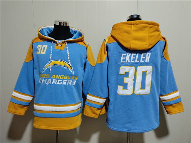 Men's Los Angeles Chargers #30 Austin Ekeler Blue Ageless Must-Have Lace-Up Pullover Hoodie