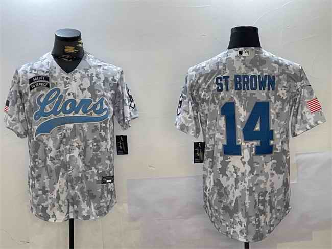 Men's Detroit Lions #14 Amon-Ra St. Brown 2024 Arctic Camo Salute to Service Stitched Baseball Jersey