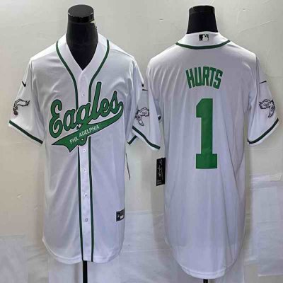 Men's Philadelphia Eagles #1 Jalen Hurts White Cool Base Stitched Baseball Jersey