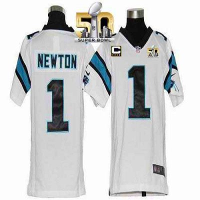 Nike Panthers #1 Cam Newton White With C Patch Super Bowl 50 Youth Stitched NFL Elite Jersey