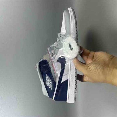 Women Running Weapon Air Jordan 1 White/Navy/Grey Shoes 504