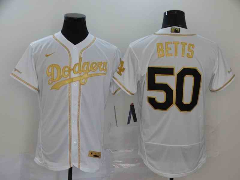 Men's Los Angeles Dodgers #50 Mookie Betts White Golden Flex Base Stitched MLB Jersey