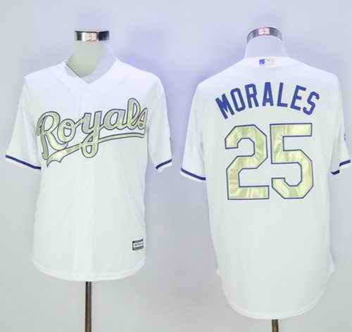 Royals #25 Kendrys Morales White New Cool Base 2015 World Series Champions Gold Program Stitched MLB Jersey