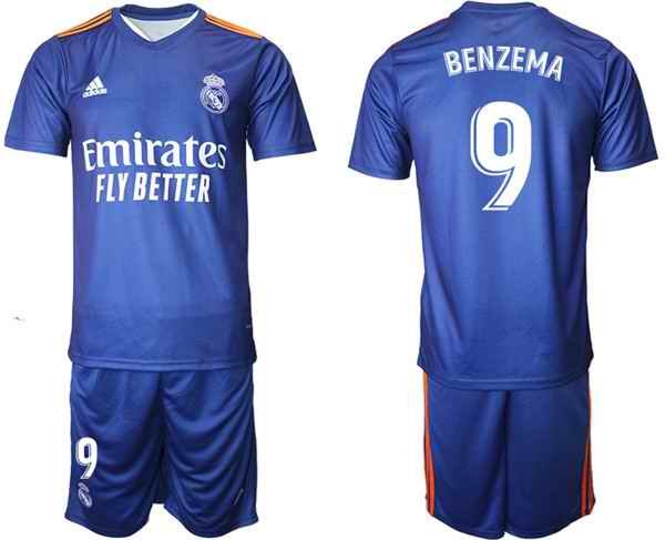 Men's Real Madrid #9 Karim Benzema 2021/22 Blue Away Soccer Jersey Suit