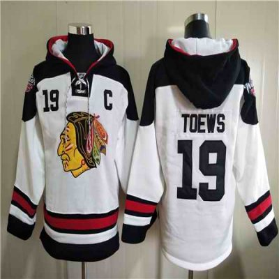 Men's Chicago Blackhawks #19 Jonathan Toews White Ageless Must-Have Lace-Up Pullover Hoodie