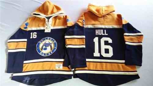 Blues #16 Brett Hull Navy Blue/Gold Sawyer Hooded Sweatshirt Stitched NHL Jersey