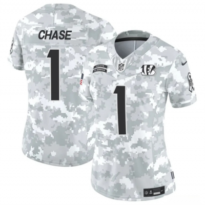 Women's Cincinnati Bengals #1 Ja'Marr Chase 2024 F.U.S.E Arctic Camo Salute to Service Limited Stitched Football Jersey(Run Small)