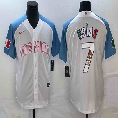 Men's Mexico Baseball #7 Julio Ur'as 2023 White Blue World Baseball Classic Stitched Jersey