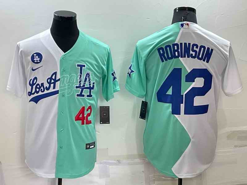 Men's Los Angeles Dodgers #42 Jackie Robinson 2022 All-Star White/Green Cool Base Stitched Baseball Jersey