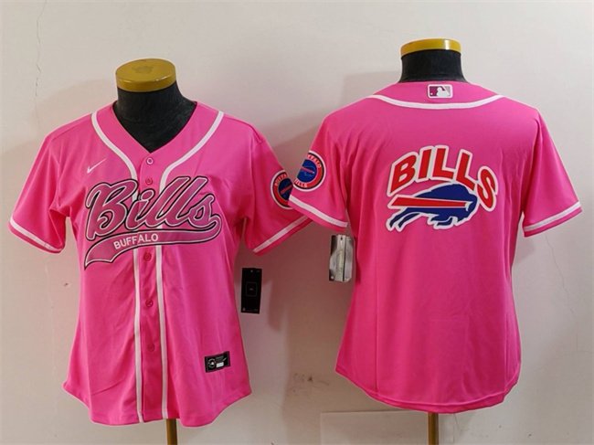 Youth Buffalo Bills Pink Team Big Logo With Patch Cool Base Stitched Baseball Jersey