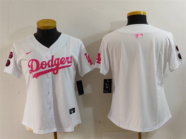 Women's Los Angeles Dodgers Blank White/Pink Vin & Kobe Patch Stitched Baseball Jersey(Run Small)