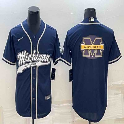 Men's Michigan Wolverines Navy Team Big Logo With Patch Cool Base Stitched Baseball Jersey