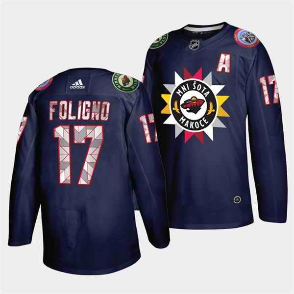 Men's Minnesota Wild #17 Marcus Foligno 2021/22 Navy Native American Heritage Day Stitched Jersey