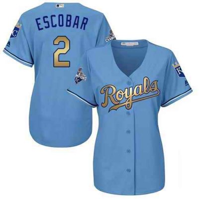 Royals #2 Alcides Escobar Light Blue Women's 2015 World Series Champions Gold Program Cool Base Stitched MLB Jersey