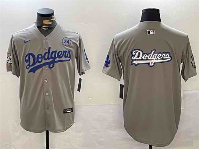 Men's Los Angeles Dodgers Team Big Logo Grey 2024 World Series With No. 34 Patch Limited Stitched Baseball Jersey