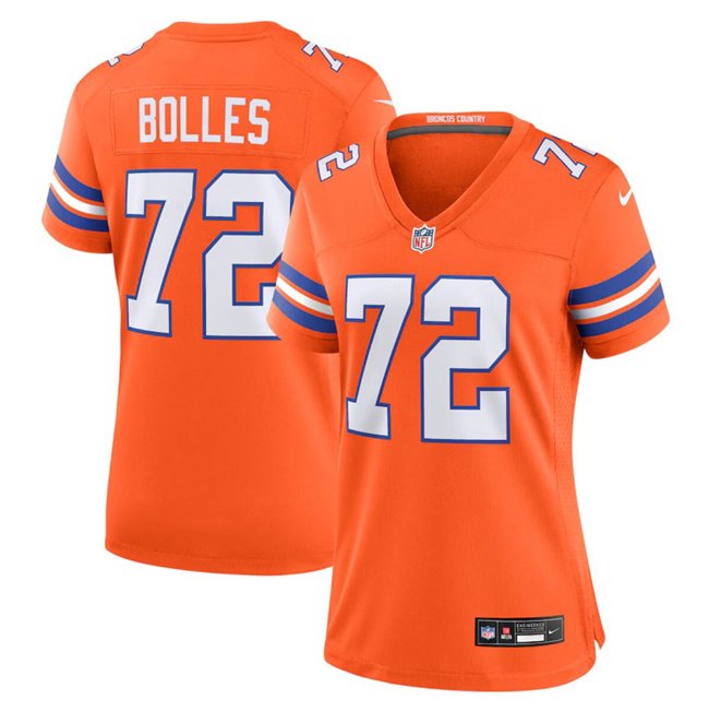 Women's Denver Broncos #72 Garrett Bolles Orange Mile High Collection 1977 Throwback Stitched Jersey(Run Small)