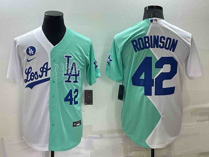 Men's Los Angeles Dodgers #42 Jackie Robinson 2022 All-Star White/Green Cool Base Stitched Baseball Jersey