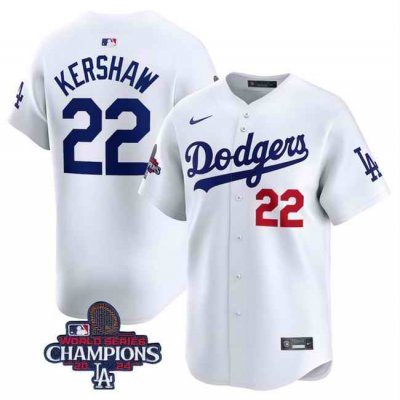 Men's Los Angeles Dodgers #22 Clayton Kershaw White 2024 World Series Champions Home Limited Stitched Baseball Jersey