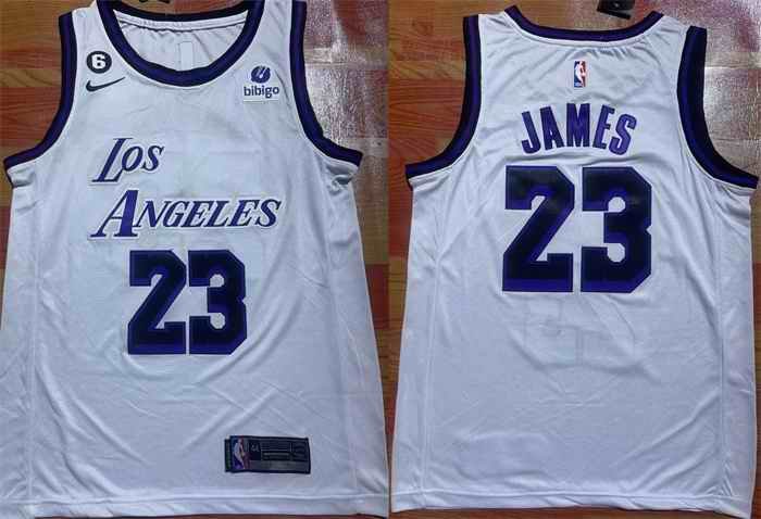 Men's Los Angeles Lakers #23 LeBron James 2022/23 White With NO.6 Patch Stitched Basketball Jersey