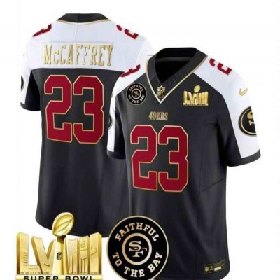 Men's San Francisco 49ers #23 Christian McCaffrey Black/White 2024 F.U.S.E. Super Bowl LVIII Patch Alternate Vapor Limited Stitched Football Jersey