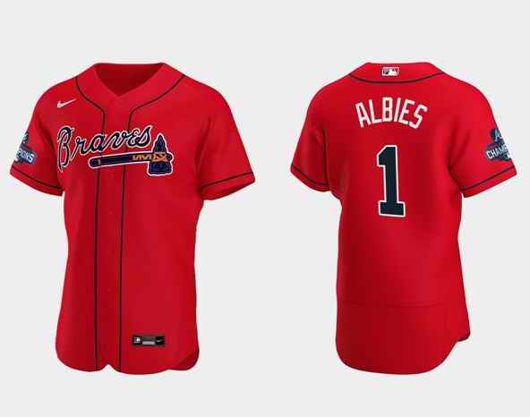 Men's Atlanta Braves #1 Ozzie Albies 2021 Red World Series Champions Flex Base Stitched Jersey