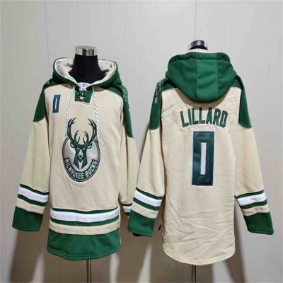 Men's Milwaukee Bucks #0 Damian Lillard Cream Lace-Up Pullover Hoodie