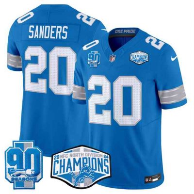 Men's Detroit Lions #20 Barry Sanders Blue 2024 NFC North Champions 90th Anniversary Patch F.U.S.E. Vapor Limited Stitched Jersey